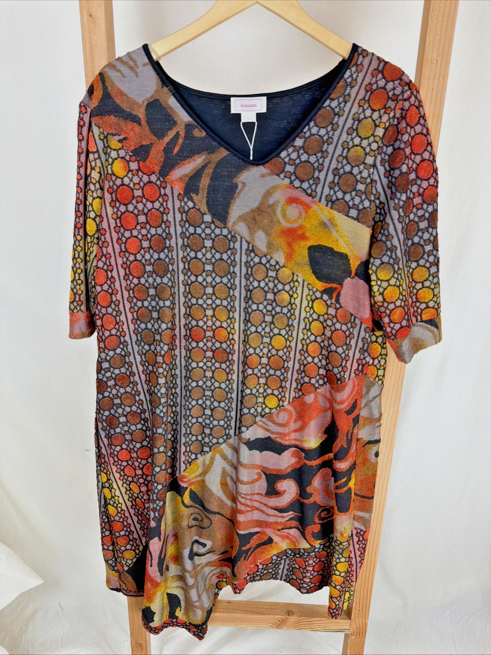 NWT Kamana Multicolored Burn Out Pattern Round Neck Asymmetrical Dress #0961 S